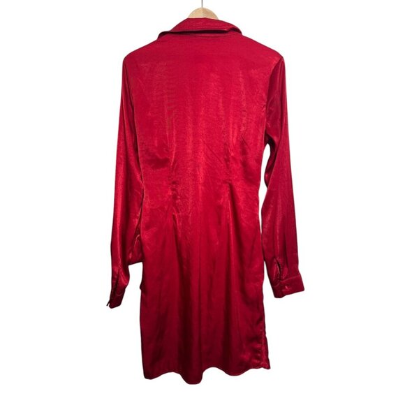 NWT Superdown Red Satin Wrap Dress Size L – Long Sleeve Mini Party Dress with Ti - Picture 2 of 2